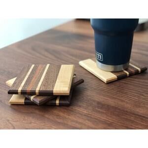 Handcrafted Vertical Stripe Wood Coaster Set of 4 Black Walnut, Sapele and Maple